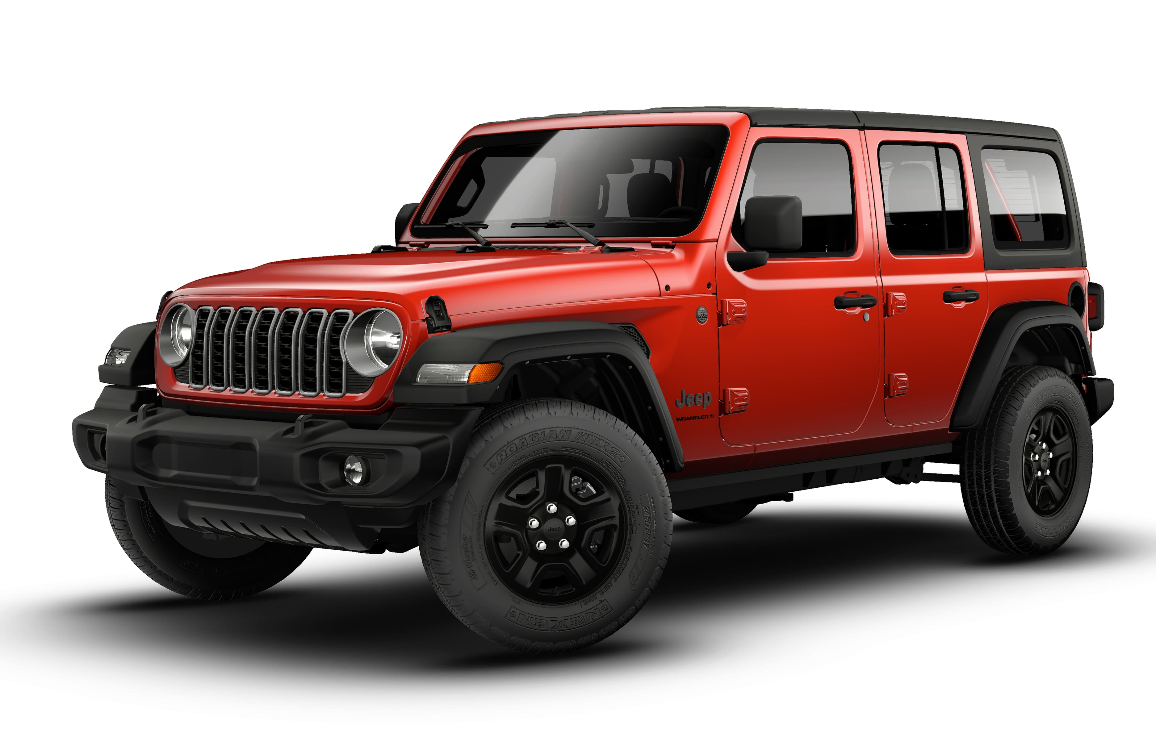 2026 Jeep Wrangler WRANGLER 4-DOOR SPORT in Firecracker Red Clear-Coat Exterior Paint — front three-quarter view