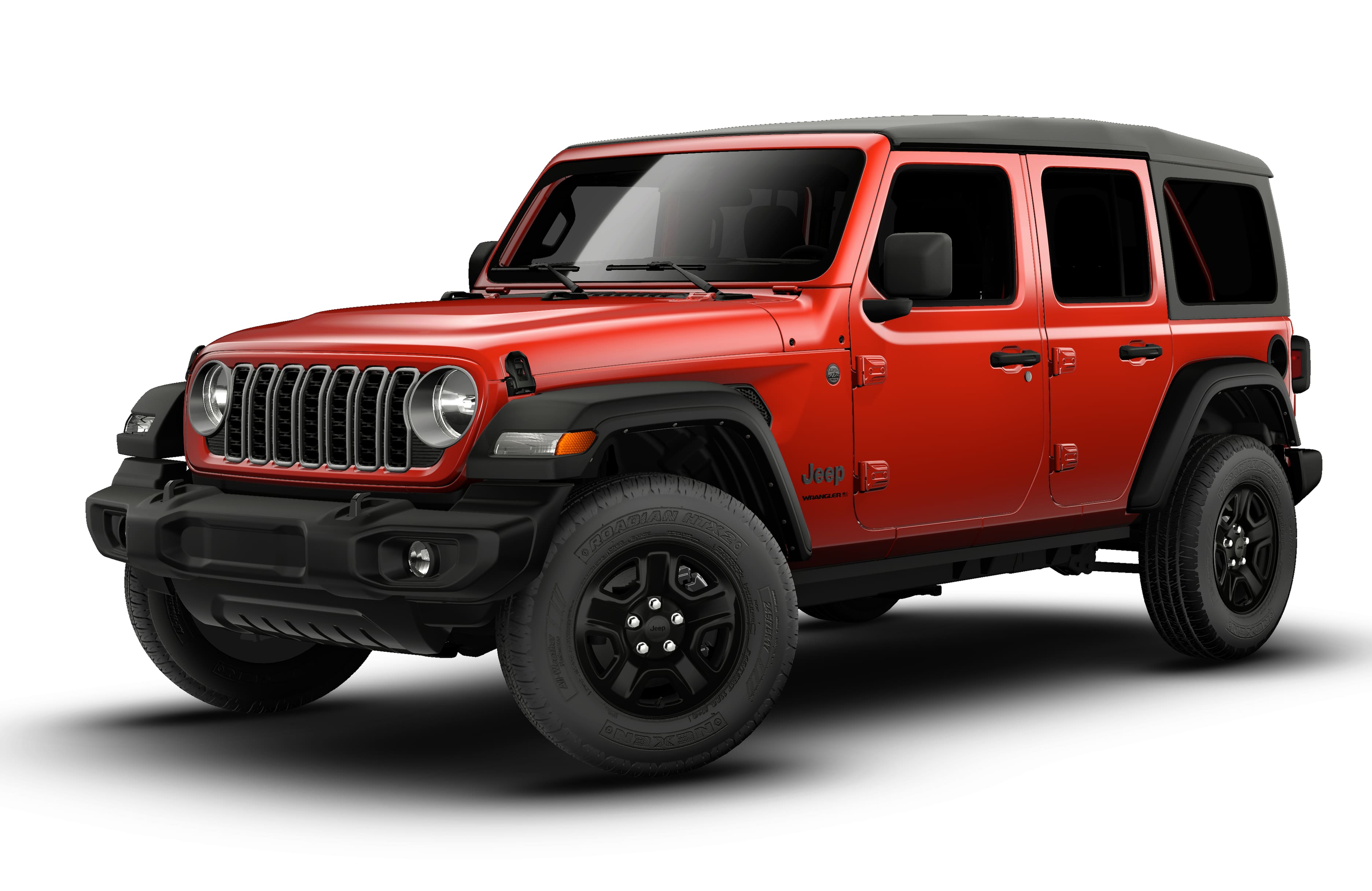 2026 Jeep Wrangler WRANGLER 4-DOOR SPORT in Firecracker Red Clear-Coat Exterior Paint — front three-quarter view