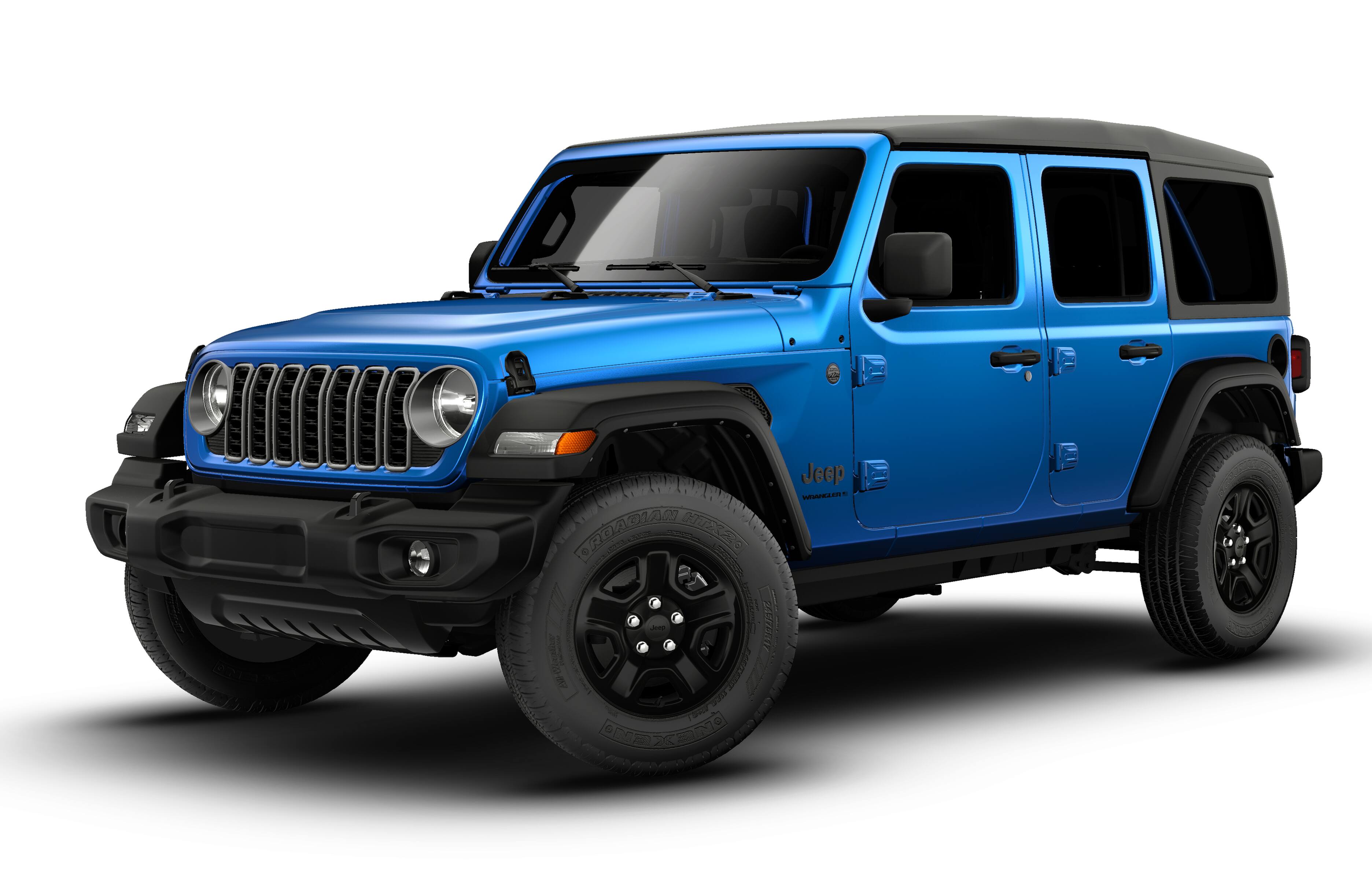 2026 Jeep Wrangler WRANGLER 4-DOOR SPORT in Hydro Blue Pearl-Coat Exterior Paint — front three-quarter view