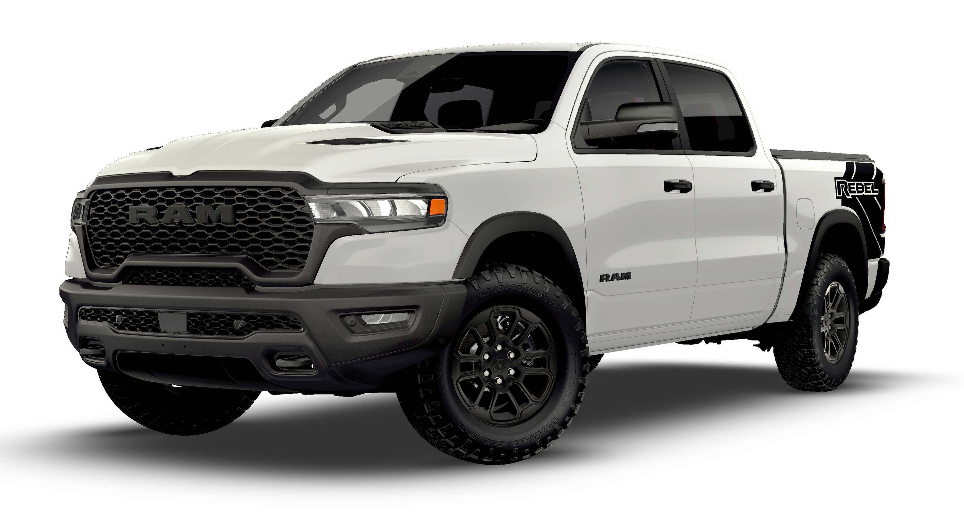 2026 RAM Ram 1500 RAM 1500 REBEL CREW CAB 4X4 5'7' BOX in Bright White Clear-Coat Exterior Paint — front three-quarter view