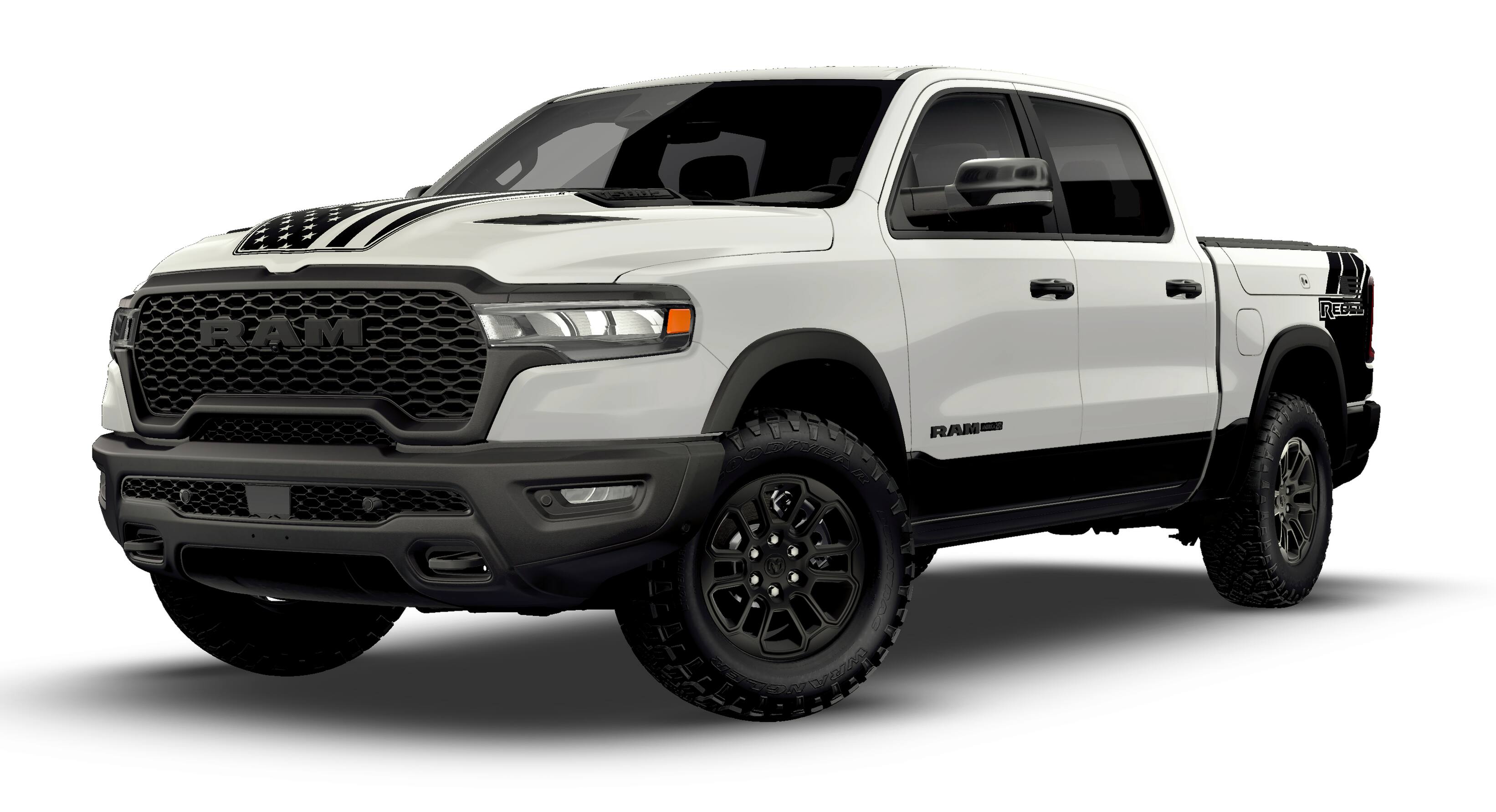 2026 RAM Ram 1500 RAM 1500 REBEL CREW CAB 4X4 5'7' BOX in Bright White Clear-Coat Exterior Paint — front three-quarter view