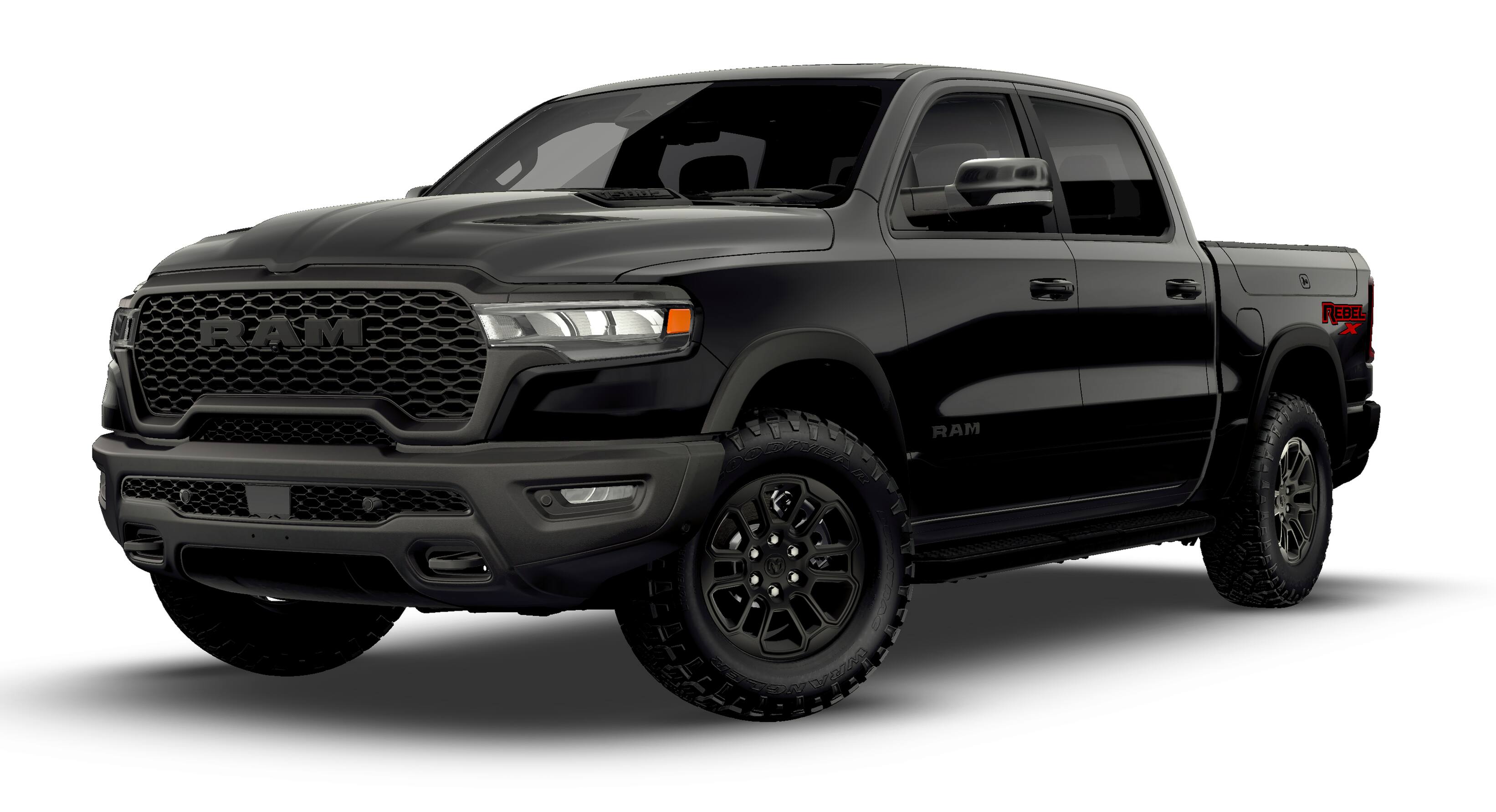 2026 RAM Ram 1500 RAM 1500 REBEL CREW CAB 4X4 5'7' BOX in Diamond Black Crystal Pearl-Coat Exterior Paint — front three-quarter view