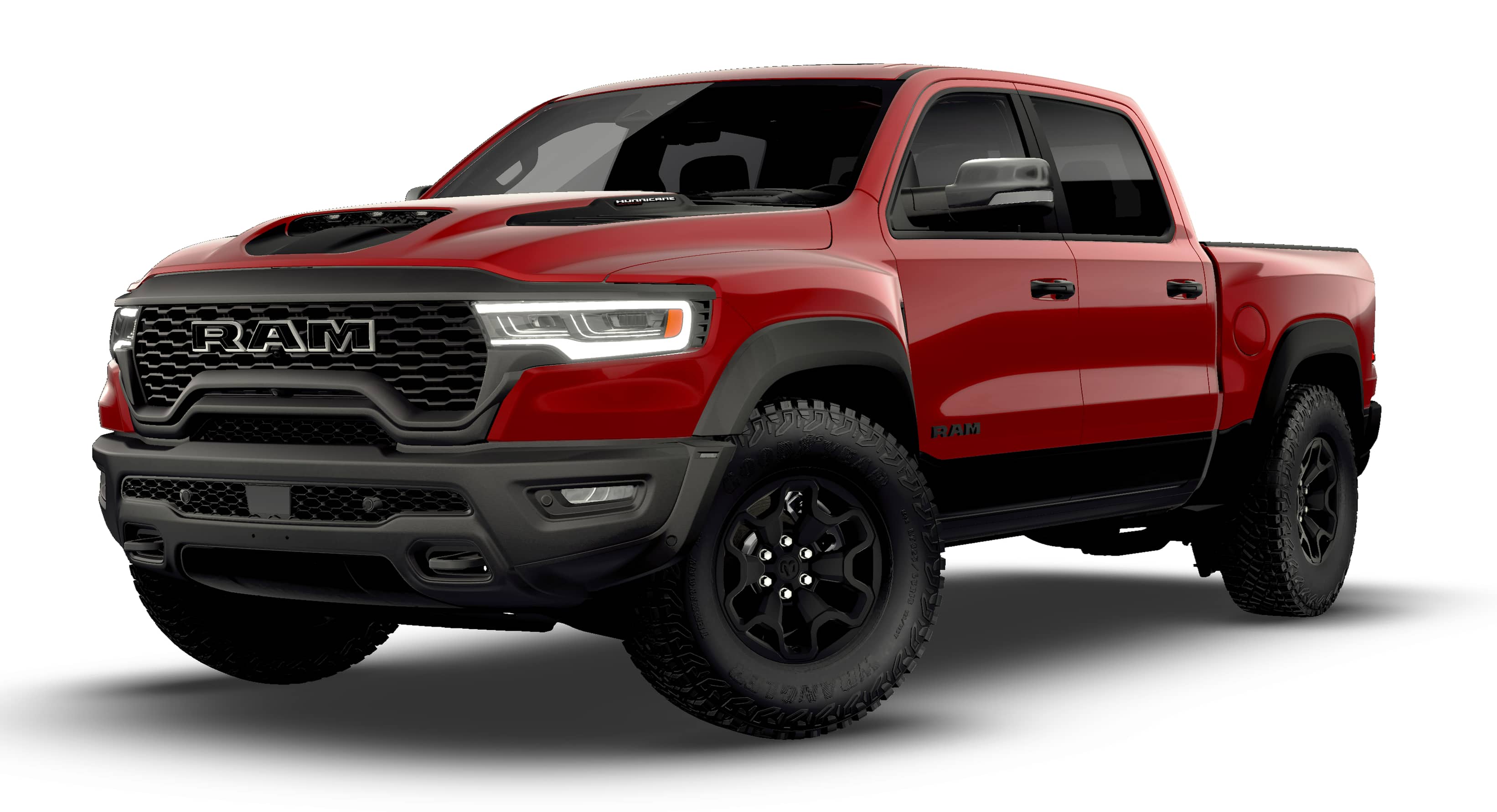 2026 RAM Ram 1500 RAM 1500 RHO CREW CAB 4X4 5'7' BOX in Molten Red Pearl-Coat Exterior Paint — front three-quarter view