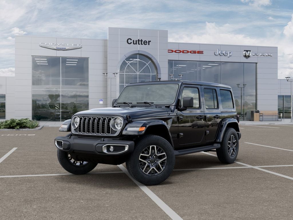 2026 Jeep Wrangler WRANGLER 4-DOOR SAHARA in Black Clear-Coat Exterior Paint — front three-quarter view
