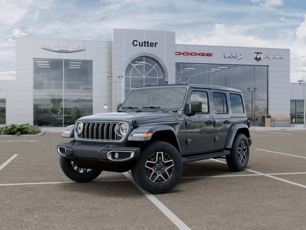 2026 Jeep Wrangler WRANGLER 4-DOOR SAHARA in Anvil Clear-Coat Exterior Paint — front three-quarter view