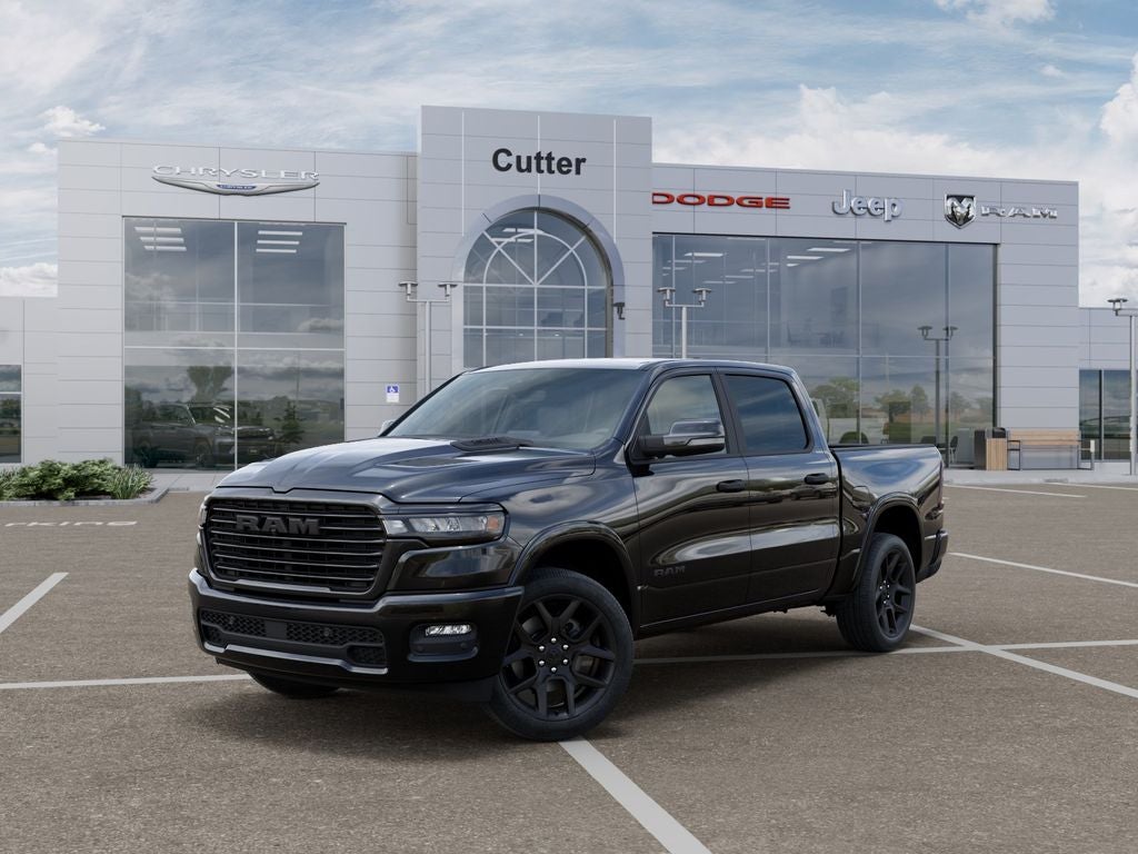 2026 RAM Ram 1500 RAM 1500 LARAMIE CREW CAB 4X4 5'7' BOX in Diamond Black Crystal Pearl-Coat Exterior Paint — front three-quarter view